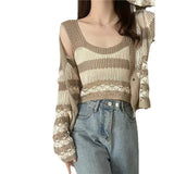 Striped Knitted Cardigan Female Design Sense Of A Small Pure Windy Hottie Short Top Summer Autumn Chic Sling Two Sets HZ0108