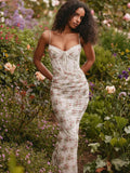 2025 Summer New Women's Fashion Sexy Print Body Waist Lace Breasts Slinged Dress HZ0108