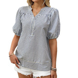 Women's Shirt 2025 New V-Neck Splicing Bubble Sleeve Striped Top HZ0108