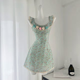 Sexy A line Square Neckline Summer Floral Green Dress Holiday Party Outfits For Women HZ1214
