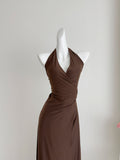 Sexy Sheath Halter Summer Brown Long Dress Holiday Party Outfits For Women HZ1214