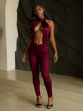 2025 New Women's Fashion Sexy All-Round Collar Hollow Folding Solid Color Jumpsuit HZ0108