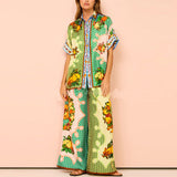Spring Women's Dress 2025 Temperament New Casual Print V-Neck Shirt Broad Leg Pants Women's Suit HZ0108
