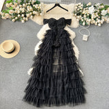 Niulatu A line Off The Shoulder Tulle Short Sleeves Black Tulle Holiday Dresses Ruffles Women Dress SD1269