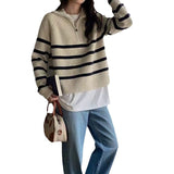 Korean Chic Autumn/Winter French Lazy Half Zipper Loose Casual Colling Striped Long-Sleeved Knitted Sweater Woman HZ0108