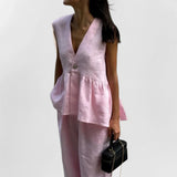 2026 Spring New Women's Temperament Commute Simple V-Neck Solid Pants Set Women HZ0108