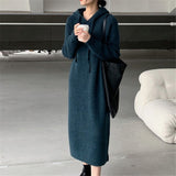 Mid-Winter 2025 Women's Hooded Long Knee Dress Fashion Simple Inside And Outside Wearing Lazy Knitted Dress HZ0108