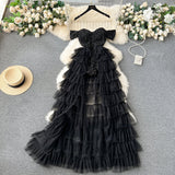 Niulatu A line Off The Shoulder Tulle Short Sleeves Black Tulle Holiday Dresses Ruffles Women Dress SD1269