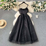 Niulatu A line Spaghetti Straps Black Tulle Holiday Dresses Feather Women's Dress SD1270