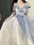 Sweet A line Sweetheart Blue Chiffon Floral Long 16th Birthday Dress Lolita Dress Birthday Outfits HZ1214