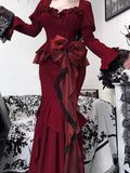 Vintage Mermaid Sweetheart Long Sleeves Burgundy Black Lace Summer 18th Birthday Dress Lolita Dress Birthday Outfits HZ1214