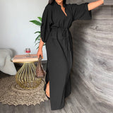 Spring 2025 Women's Loose Casual Open Fork Bag Muslim Dress Solid Color Dress HZ0108