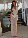 New Slit Sexy Sling Knitted Hollow Suit Dress With Back Hanging Neck Vest Half-Body Skirt Suit HZ0108