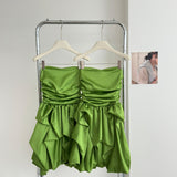 Cute A line Strapless Green Satin Short Summer Dress Holiday Party Birthday Outfits HZ1214