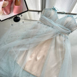 Sexy A Line Spaghetti Straps Blue Tulle Summer Dress Holiday Party Birthday Outfits For Teens HZ1214
