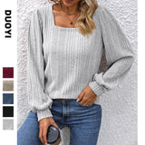 2025 Autumn And Winter New Lady Pit Strips Grinding Square Collar Fashion Lantern Sleeve Long Sleeve Top HZ0108