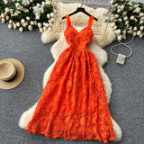 Niulatu A line Straps Orange Lace Holiday Dresses Midi Length Women's Dress SD1273