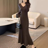 Yujie Style V Collar Temperament Knitted Dress Women Autumn And Winter Dress Dress Inside The Dress With A Long Skirt Sweater Clad Fishtail Skirt HZ0108