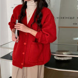 Korean Version Of V-Neck Knitted Cardigan Women 2025 Autumn New Lazy Wind Loose Soft Sweater Coat Women's Clothing HZ0108