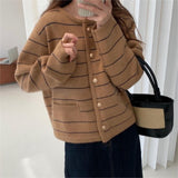 French Small Scent Striped Knitted Cardigan Women's Autumn And Winter Loose Soft Glutinous Outside Wearing Round Neck Retro Ocean Sweater Coat HZ0108