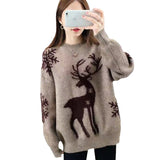 Deer Deed Jaded Sweater Women's Jacket Head 2025 Autumn And Winter New Loose Round Collar Wear Knitted Women's Top Cover HZ0108