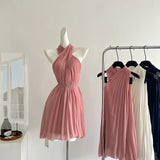 Sexy A line Halter Neckline Pink Short Chiffon Summer Dress Holiday Party Outfits For Women HZ1214