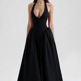 Women's Spring New Temperament Pure Color Elegant Hanging Neck Deep V Folds New Year Dress Dress Dress HZ0108