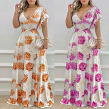 Spring 2025 New Women's Elegant V-Neck Sexy Lotus Leaf Sleeve Print Dress HZ0108