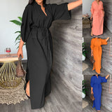 Spring 2025 Women's Loose Casual Open Fork Bag Muslim Dress Solid Color Dress HZ0108