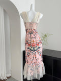 Cute Mermaid V Neckline Floral Pink Lace Long Summer Dress For Women HZ1214