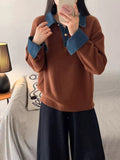 Cowboy Sleeve Splicing Fake Two Sweaters Women's Autumn/Winter 2025 Women's Loose POLO Collar Knitted Knitted Jersey HZ0108