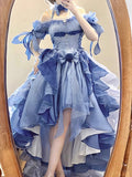 Vintage High Low Off The Shoulder Short Sleeves 16th Blue Birthday Dress Lolita Dress Birthday Outfits HZ1214