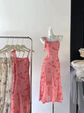 Sexy A line Spaghetti Straps Floral Long Pink Floral Dress Holiday Party Outfits For Women HZ1214