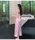 Cute A line Spaghetti Straps Pink Floral Long Satin Summer Dress For Women HZ1214