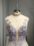 Niulatu V-neck Tulle Applique Sleeveless Floor-Length Prom Dresses HZ0113