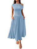 2025 Summer Slanted Shoulder Sexy Waist Solid Color Long With Pocket Dress HZ0108
