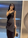 Niulatu Sheath V Neckline Ruffled Black Chiffon Beach Dress Women's Vacation Dresses SD1140