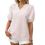 Women's Shirt 2025 New V-Neck Splicing Bubble Sleeve Striped Top HZ0108