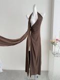 Sexy Sheath Halter Summer Brown Long Dress Holiday Party Outfits For Women HZ1214