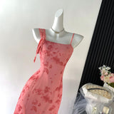 Sexy A line Spaghetti Straps Floral Long Pink Floral Dress Holiday Party Outfits For Women HZ1214