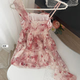 Sweet A Line Straps Pink Floral Summer Short Dresses HZ1214