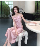 Cute A line Spaghetti Straps Pink Floral Long Satin Summer Dress For Women HZ1214