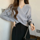 Irregular Cross V Collar Collar Sweater Women In Autumn And Winter With Loose Lazy Short Knitted Top Design Sense HZ0108