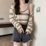 Striped Knitted Cardigan Female Design Sense Of A Small Pure Windy Hottie Short Top Summer Autumn Chic Sling Two Sets HZ0108