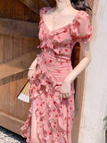 Niulatu Sheath V Neckline Ruffled Pink Chiffon Floral Beach Dress Women's Vacation Dresses SD1138