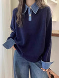 Cowboy Sleeve Splicing Fake Two Sweaters Women's Autumn/Winter 2025 Women's Loose POLO Collar Knitted Knitted Jersey HZ0108