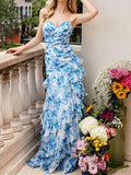 Niulatu Strapless Chiffon Print Floral Layered Evening Dress Slit Prom Dress HZ1007
