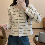 French Small Scent Striped Knitted Cardigan Women's Autumn And Winter Loose Soft Glutinous Outside Wearing Round Neck Retro Ocean Sweater Coat HZ0108