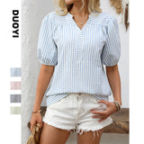Women's Shirt 2025 New V-Neck Splicing Bubble Sleeve Striped Top HZ0108