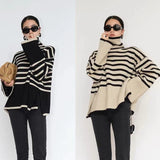 Striped Turtleneck Sweater Women 2025 Autumn And Winter New Loose Lazy Wind Open Fork Knitting Jacket Woman HZ0108